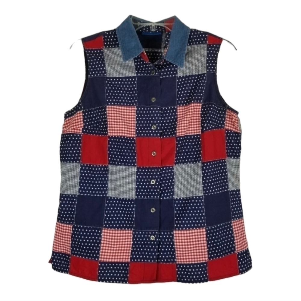 Patchwork Womens Button Vest Stars Checks Denim Grandma Prairie Boho Festival